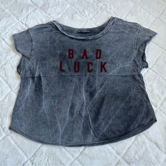 Brandy Melville | Gray and Red Velvet Acid Wash "Bad luck" Crop Top | One Size - Picture 2 of 8